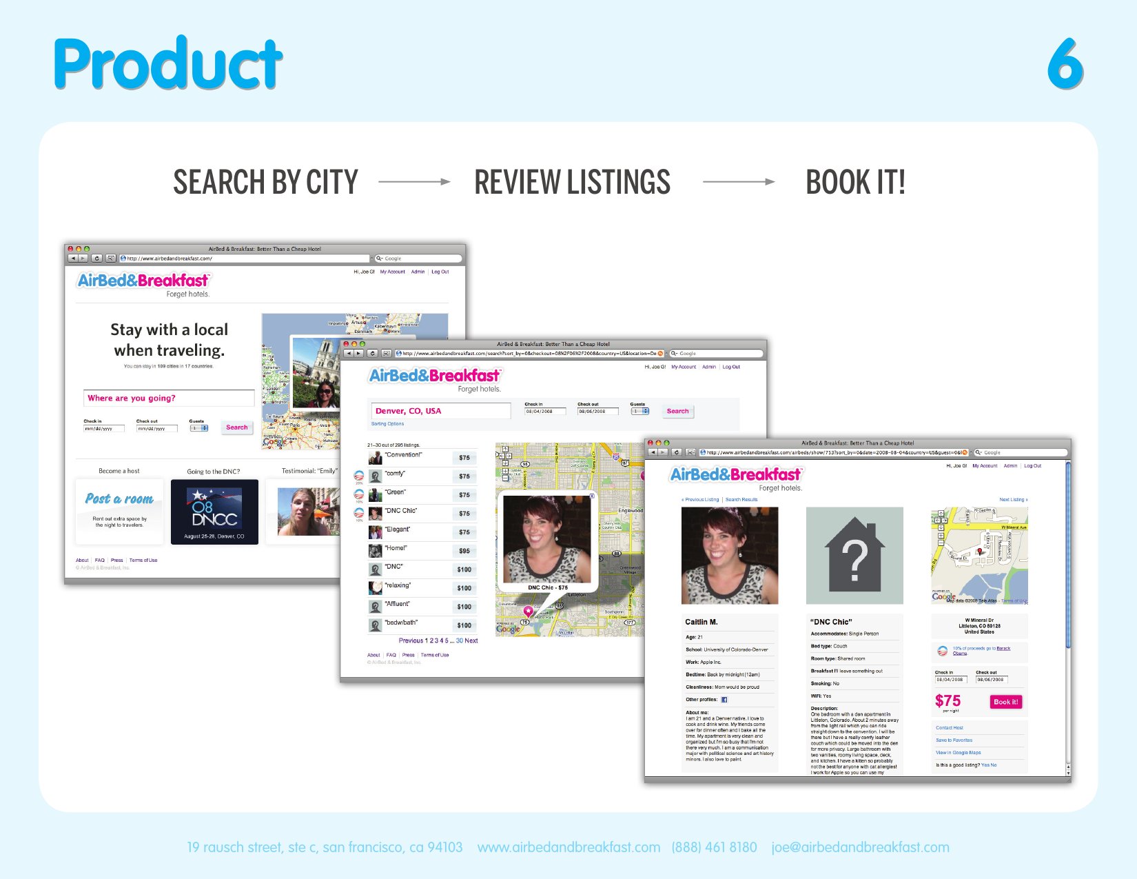 Original product slide — three browser screenshots fanned at angles